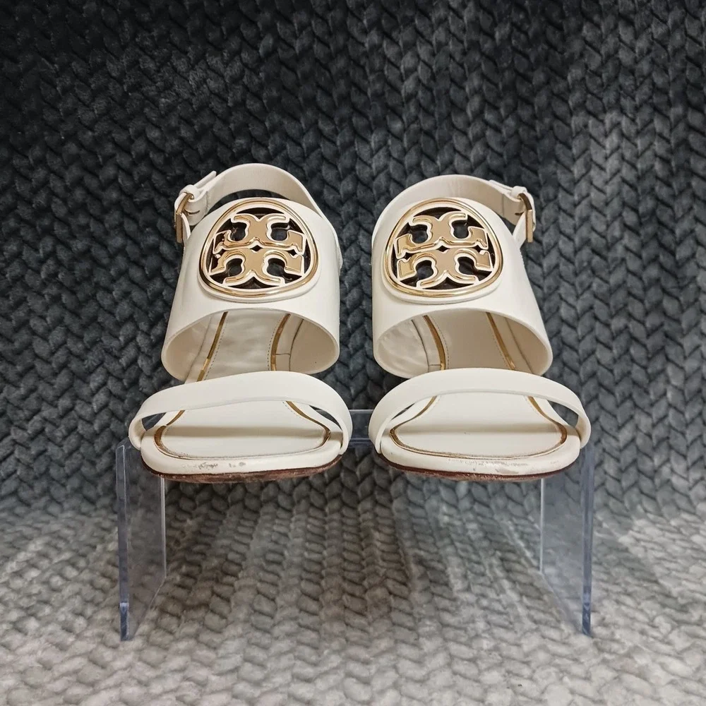 Tory Burch Cream Leather Wedge Sandals with Gold Logo - Picture 6 of 16